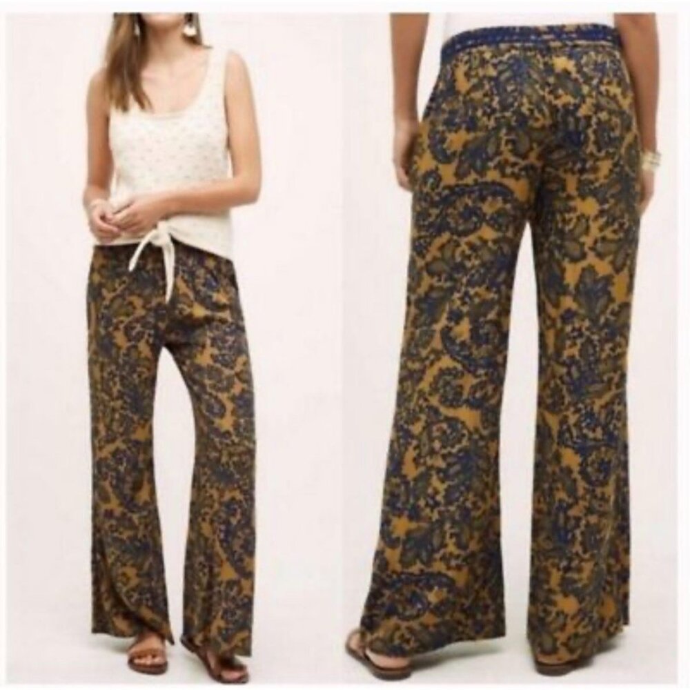 Hei Hei Anthropologie Tana XS Yellow Blue Gauzy Printed Wide Leg Pants 100% Rayo